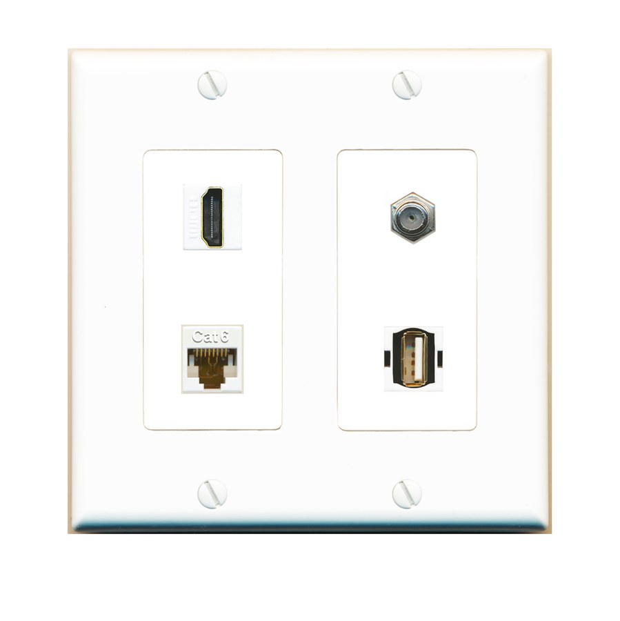 A two gang decora wall plate built with HDMI, Cat6, coax and USB jacks